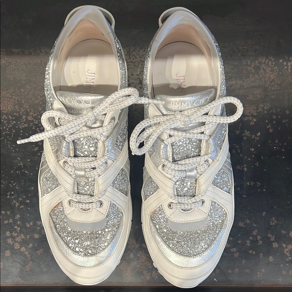 Jimmy Choo Silver Glitter and White Leather Sneakers - Picture 6 of 15